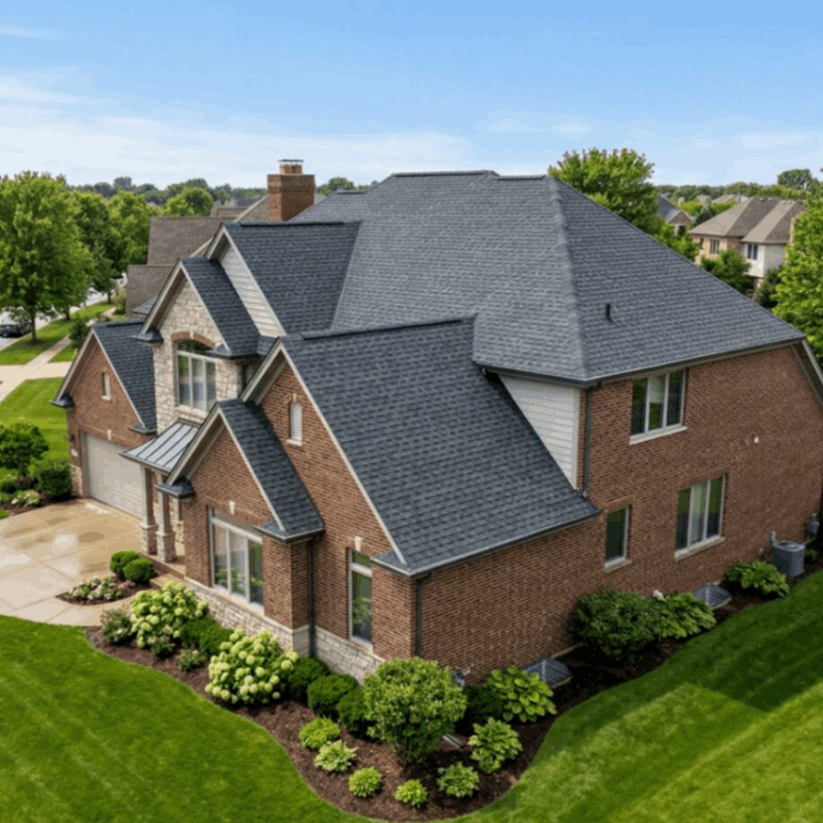 Completed Professional Residential Roofing in DuPage County, IL with new architectural shingle roof on brick home