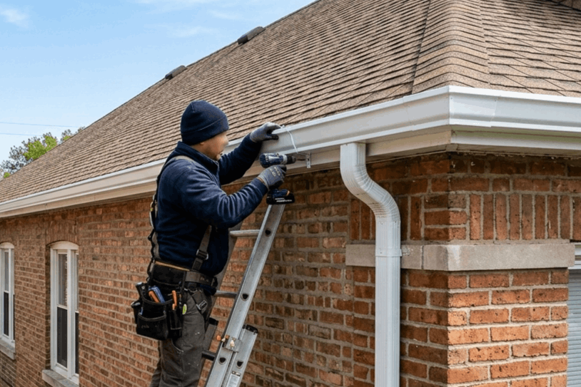 Professional Gutter Installation in Chicago, IL seamless aluminum gutter being installed on brick home, gutter installation near me
