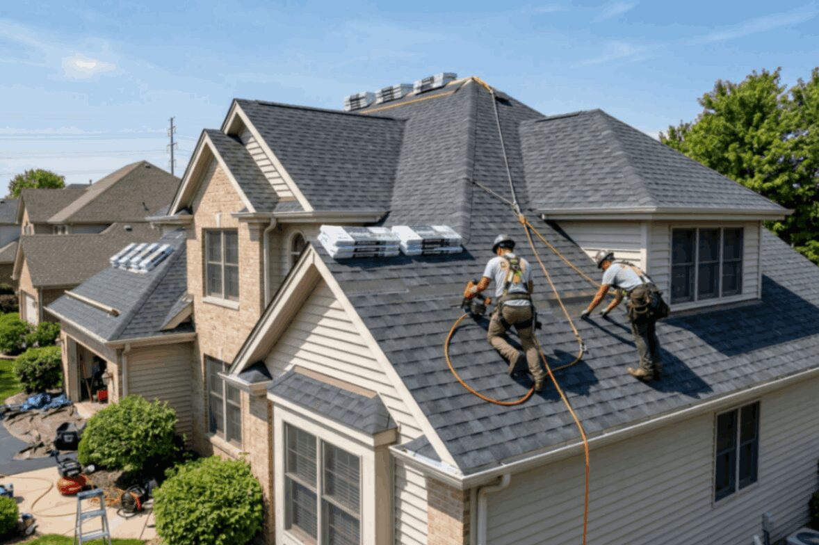 Quality Residential Roofing in Schaumburg, IL asphalt shingle installation on suburban home, Commercial roofing team inspecting rooftop drains above busy retail storefronts during business hours, Residential Roofing in Caledonia - WI in progress as roofers secure new shingles on a suburban home